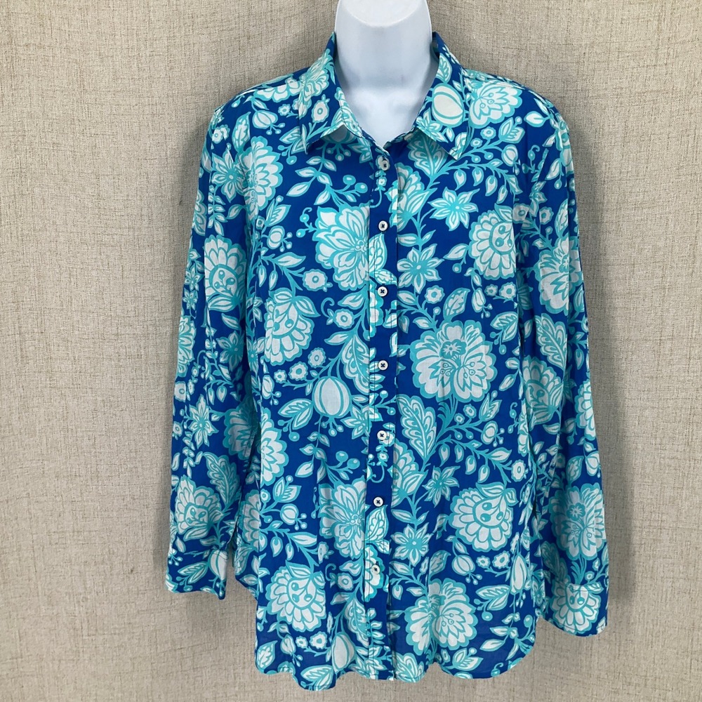 Talbots Button Down Shirt Womens L Blue Floral Classic Boho Long Sleeve Cotton
